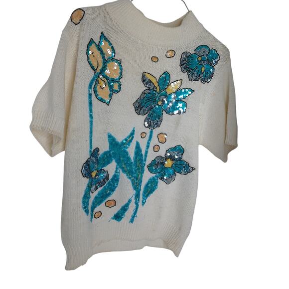 Vintage Laura Winston Floral Sequin Sweater Size Large - Picture 2 of 9